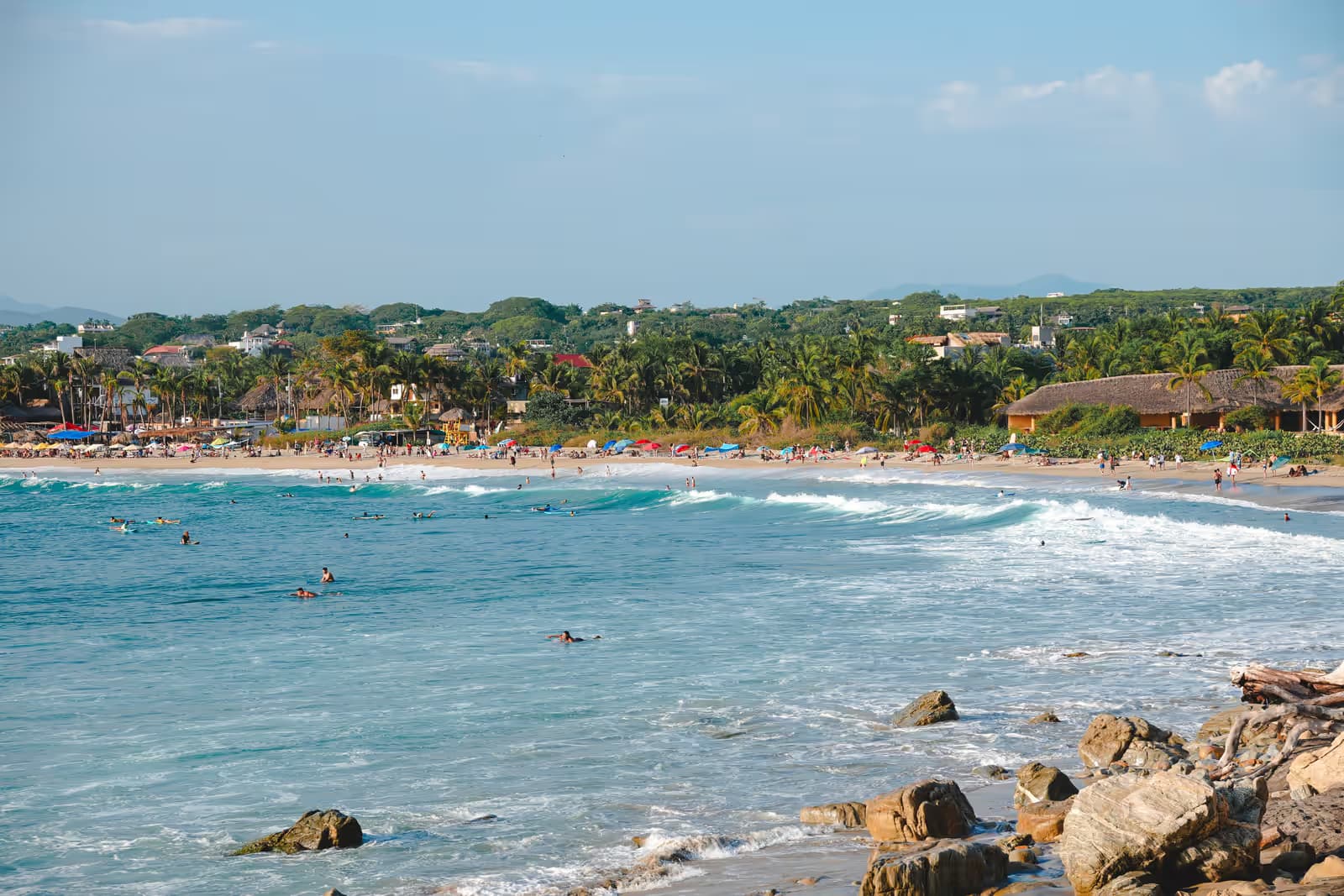 Panoramic view of Puerto Escondido bay with the beach and town in the background