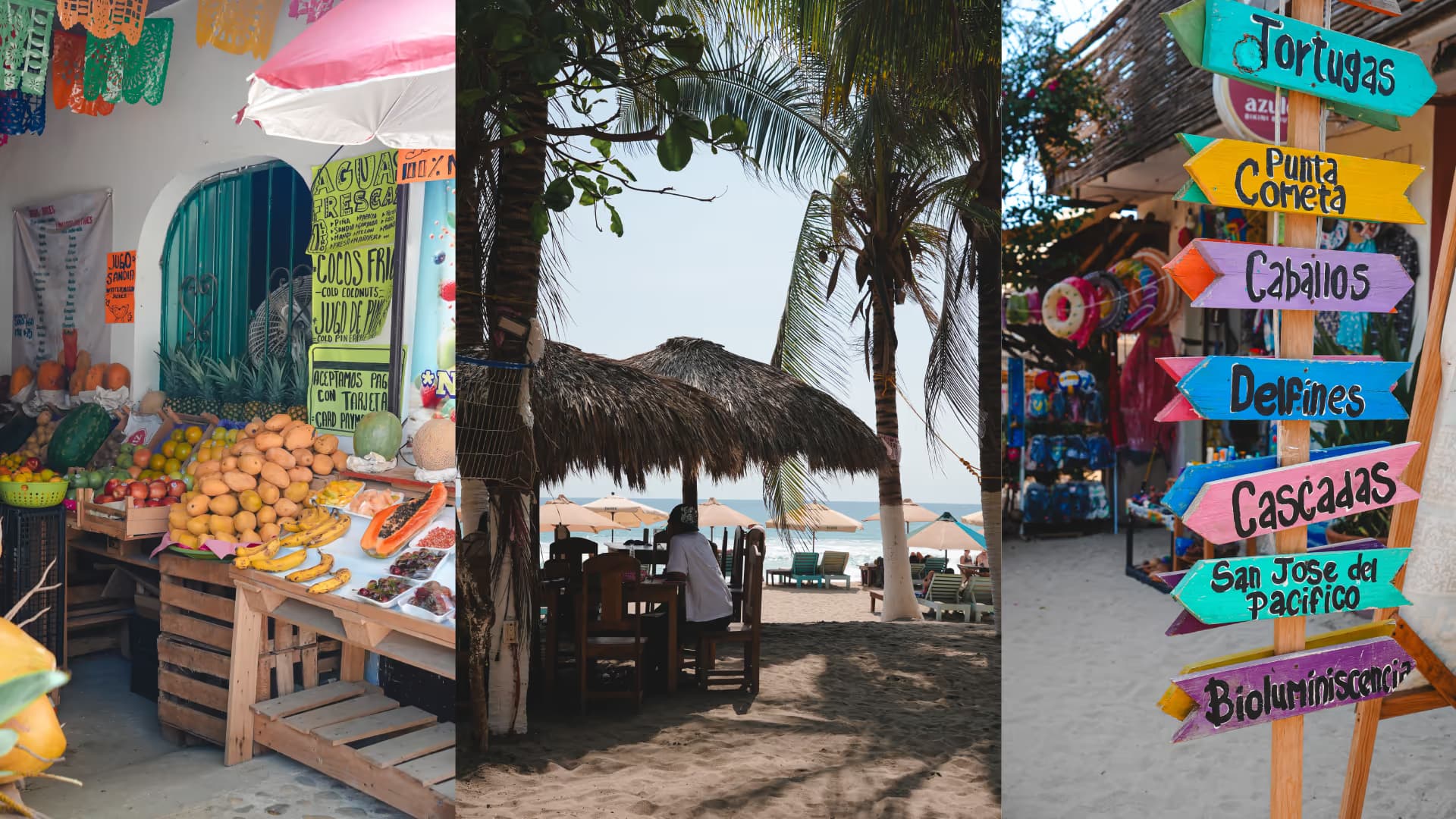 Scenes from Puerto Escondido: a fruit stand, a palapa among palm trees and destination signposts
