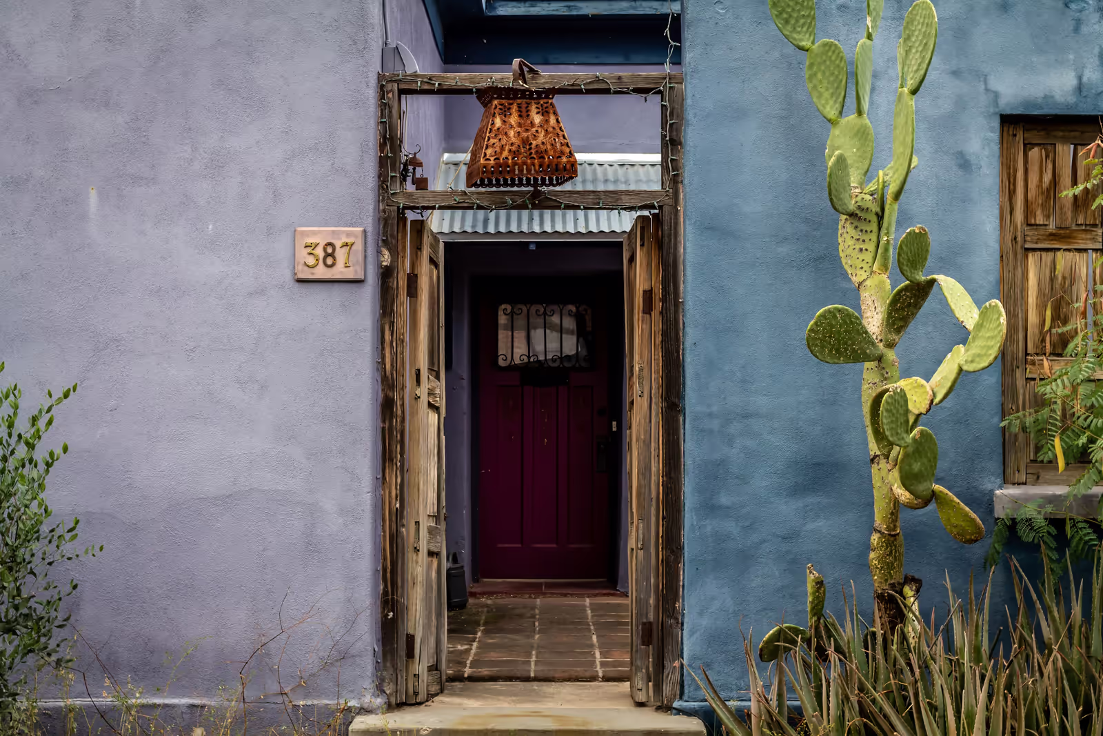 Entrance of a Mexican house with wooden doors and a prickly pear cactus