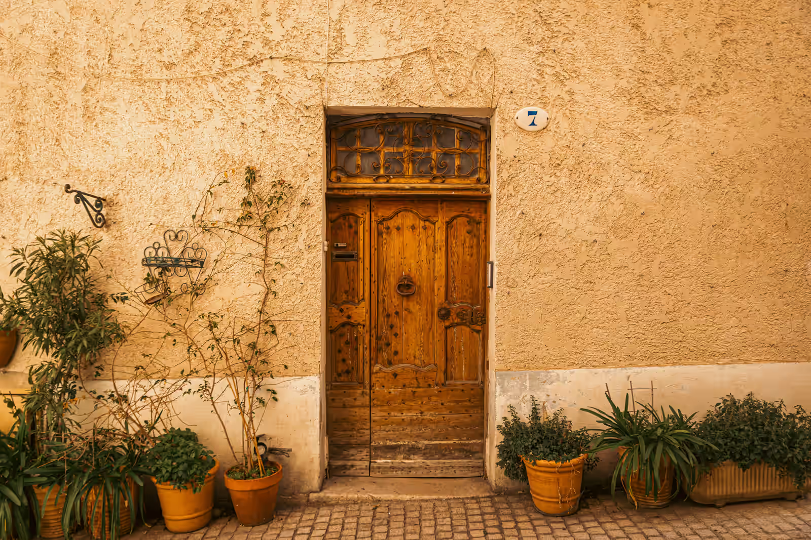 Fachada ocre con puerta de madera antigua y macetas de barro