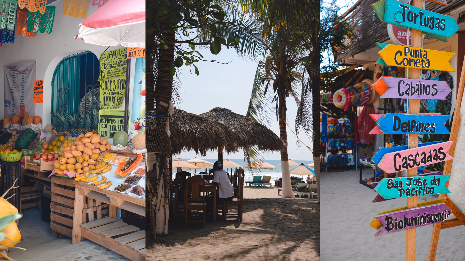 Scenes from Puerto Escondido: a fruit stand, a palapa among palm trees and destination signposts